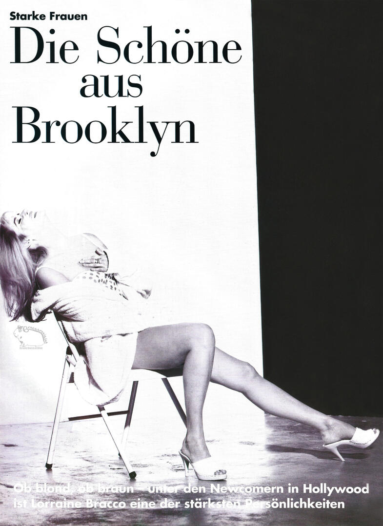 Vogue Germany magazine spread featuring actress Lorraine Bracco. Titled "The Beauty from Brooklyn", it shows a black and white photo of her leaning back on a white chair in high heels.