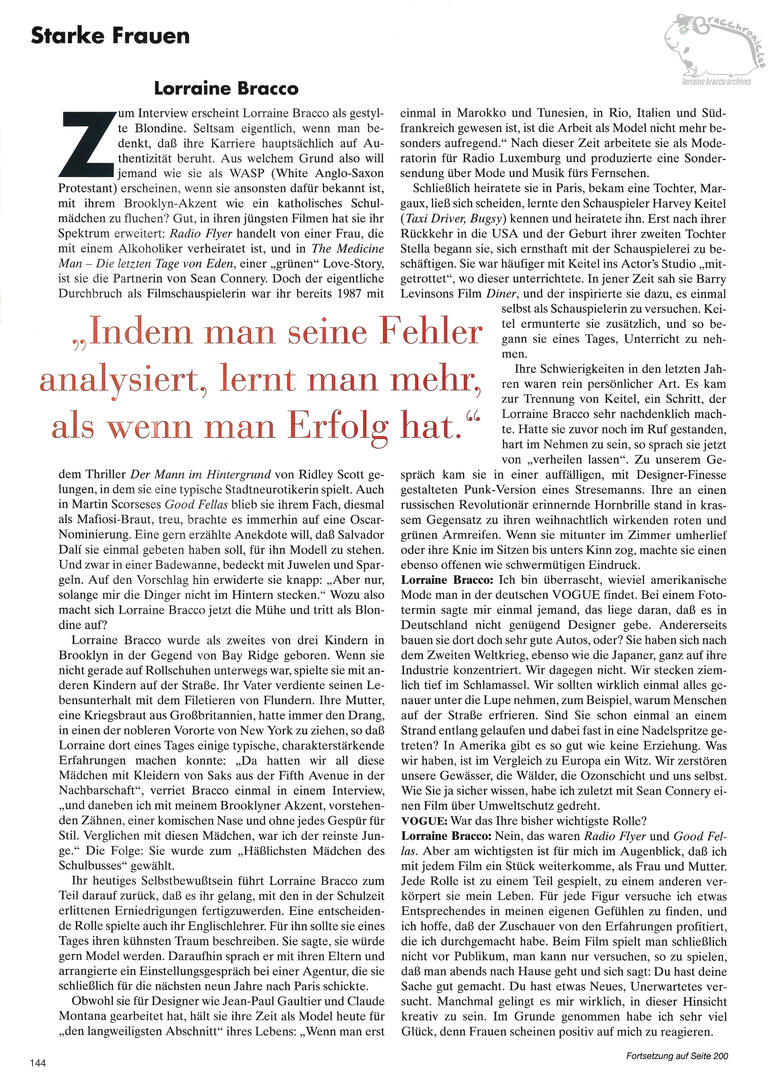 Vogue Germany interview article page profiling Lorraine Bracco. Features text mentioning her roles in Radio Flyer, Medicine Man with Sean Connery, and Martin Scorsese's GoodFellas.