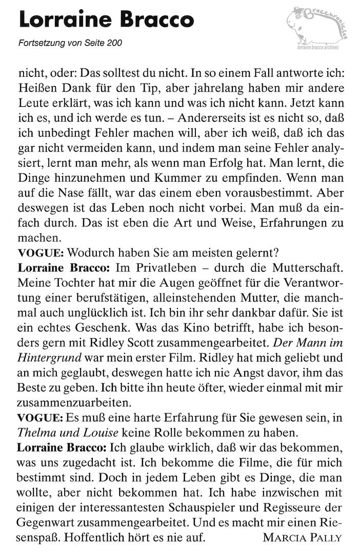 Vogue Germany interview continuation text page for Lorraine Bracco. Q&A text mentions movies like director Ridley Scott's Someone to Watch Over Me, and missing out on a role in Thelma & Louise.