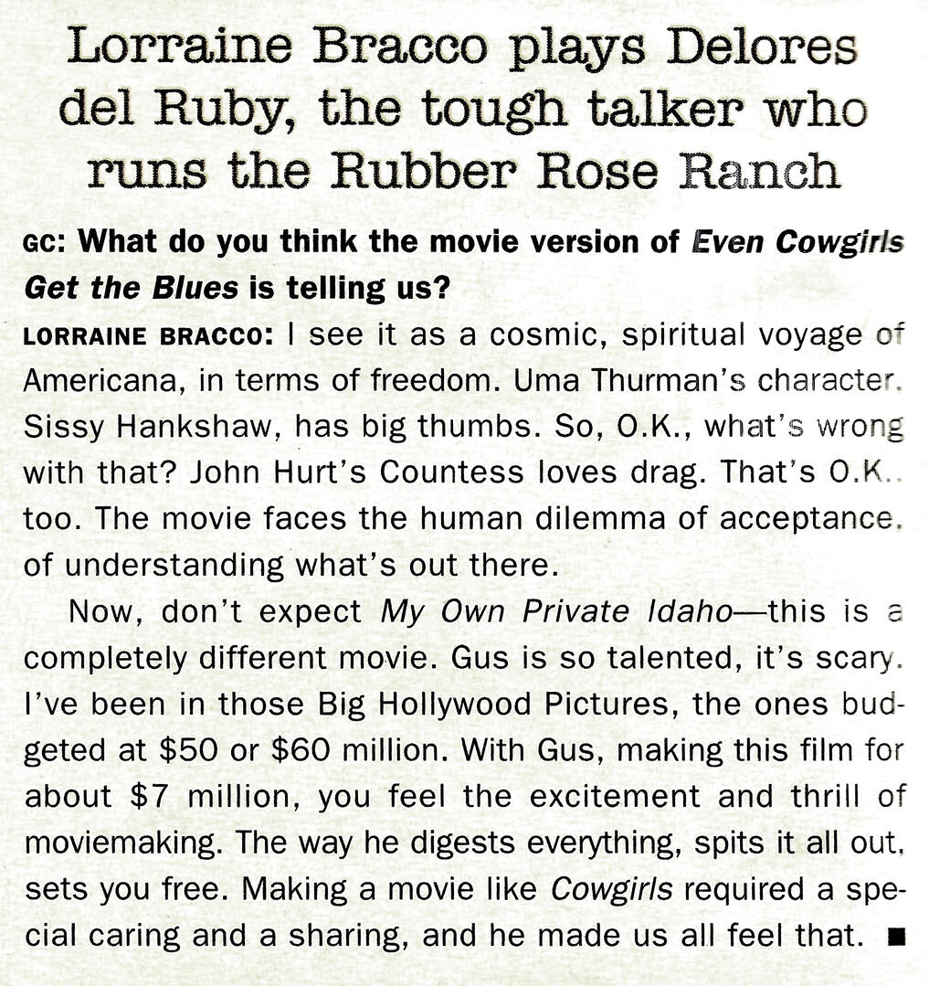 Magazine clipping interview text with Lorraine Bracco on her role as Delores del Ruby in Even Cowgirls Get the Blues. Text mentions director Gus Van Sant, co-stars Uma Thurman and John Hurt, and My Own Private Idaho.