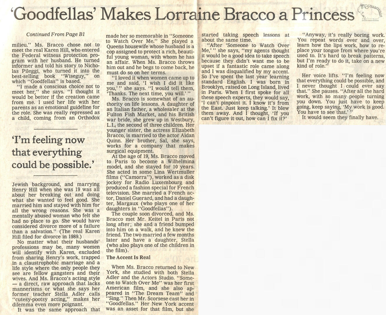 Second page of the Mirabella magazine feature on Lorraine Bracco. Includes text alongside three smaller photos: two film stills from Goodfellas with Ray Liotta, and a full-length shot of Bracco as Karen Hill walking outdoors in a jacket and skirt.
