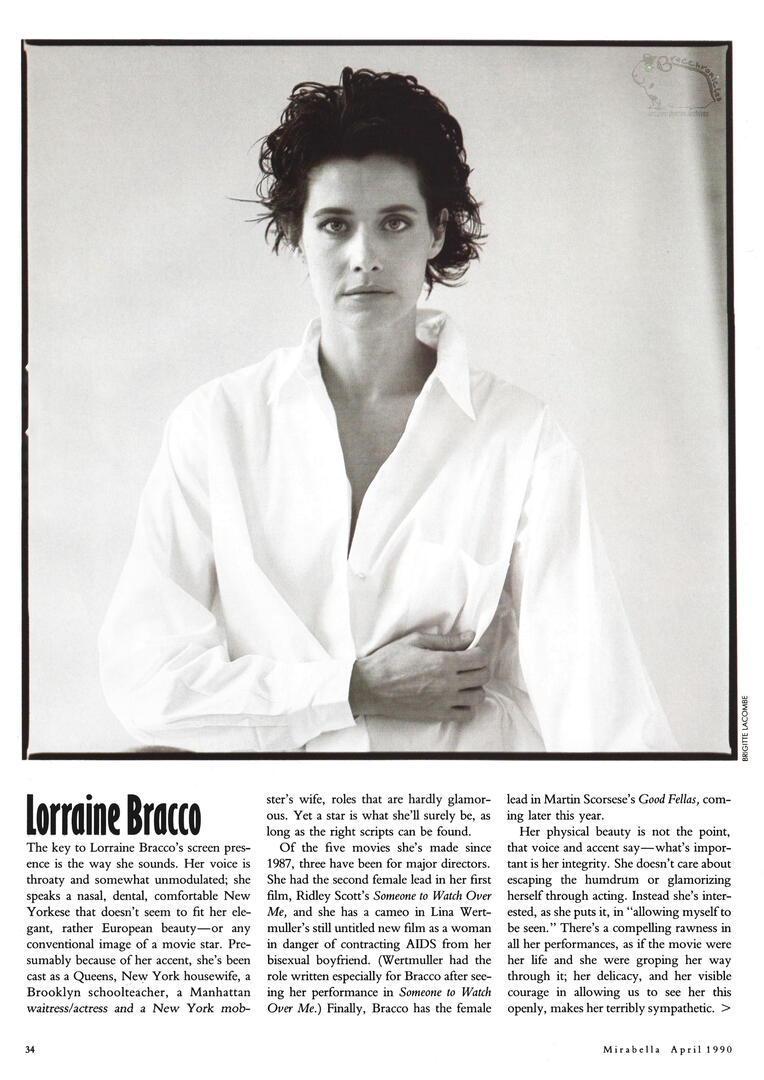 Mirabella magazine article profile on actress Lorraine Bracco. Features a large, minimalist black and white portrait of Bracco with short hair, wearing an oversized white button down shirt, above introductory text about her screen presence.