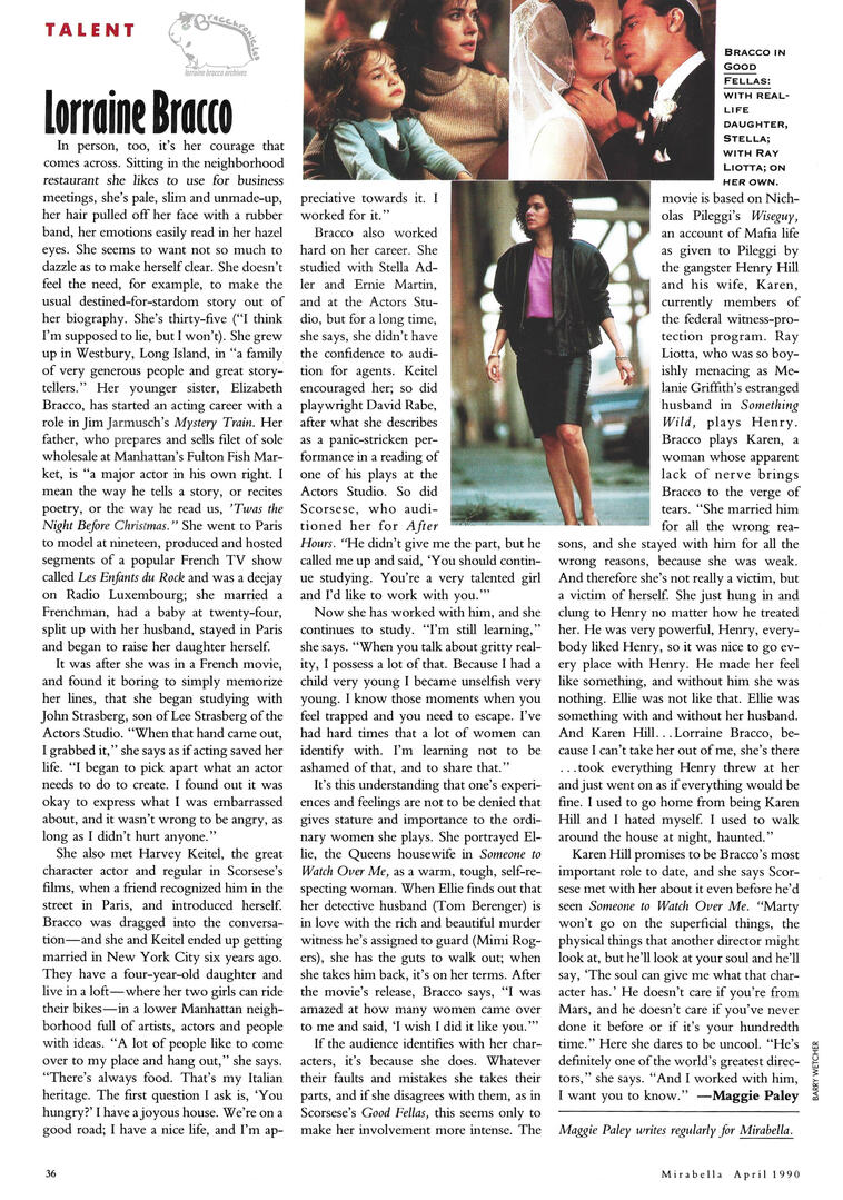 Second page of the Mirabella magazine feature on Lorraine Bracco. Includes text alongside three smaller photos: two film stills from Goodfellas with Ray Liotta, and a full-length shot of Bracco as Karen Hill walking outdoors in a jacket and skirt.