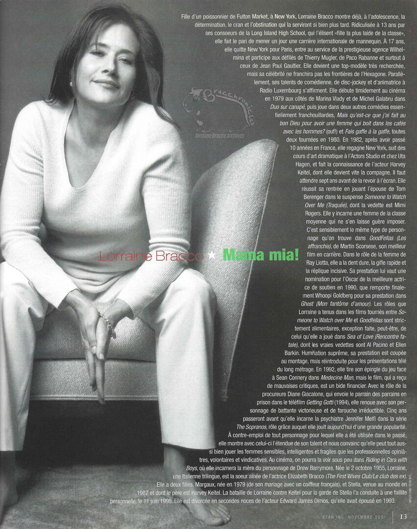 Black and white portrait of actress Lorraine Bracco sitting barefoot in an armchair for a Star magazine feature titled "Mama mia!" wrapped in a column of text.