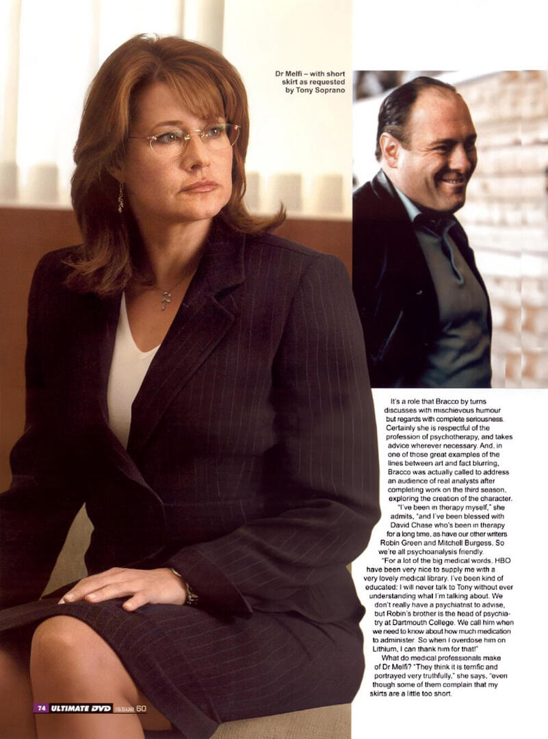 Magazine page from Ultimate DVD featuring a press still of Lorraine Bracco as Dr. Jennifer Melfi in The Sopranos, in a pinstripe skirt suit and another still to the right of James Gandolfini smiling as Tony Soprano.