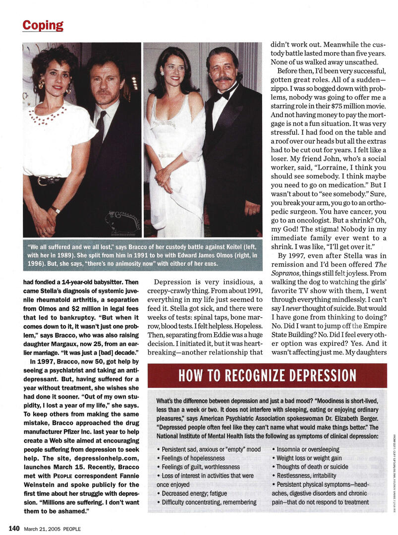 Continuation of the People magazine article on Lorraine Bracco. Two archival photos show Bracco with Harvey Keitel in 1989 (left) and with Edward James Olmos in 1996 (right).