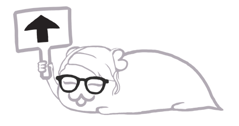 squeaaaaaaaaaaaaaaak Simple line drawing of a cute, blob-guinea pig of Lorraine Bracco with her 75th Emmy's hair, wearing thick-rimmed glasses and holding up a sign with an up-arrow. Clickable for navigation.